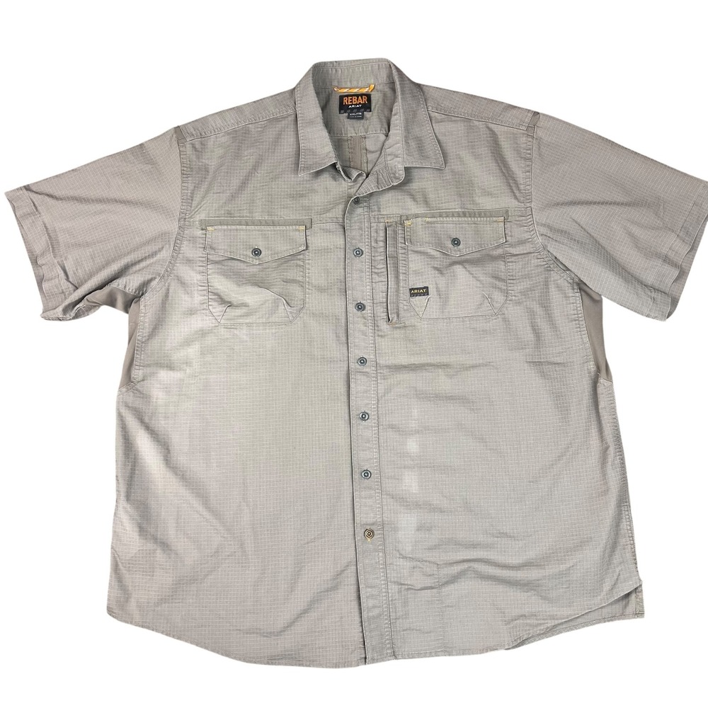 Ariat Rebar Mens XXL Grey Ripstop Short Sleeve Vented Work Shirt Button Down